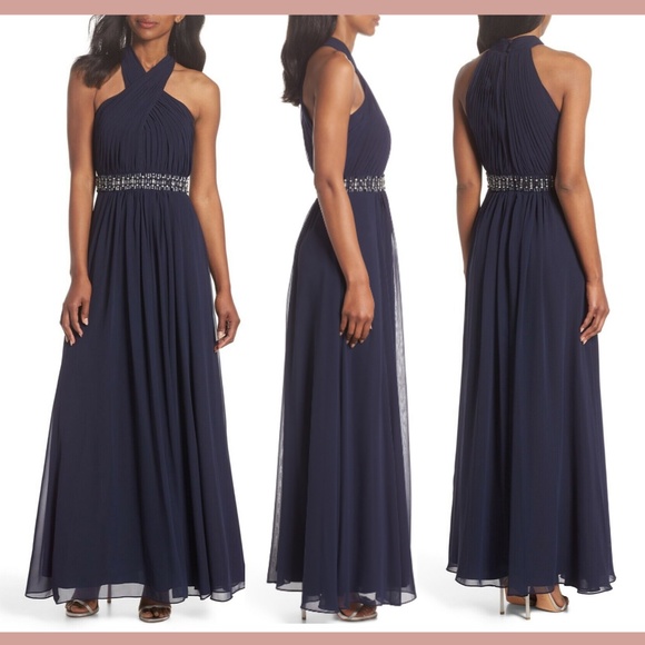 NWT $248 Eliza J Halter Pleated Cross Neck Gown‎ in Navy Blue [SZ 6 ] - Picture 1 of 8